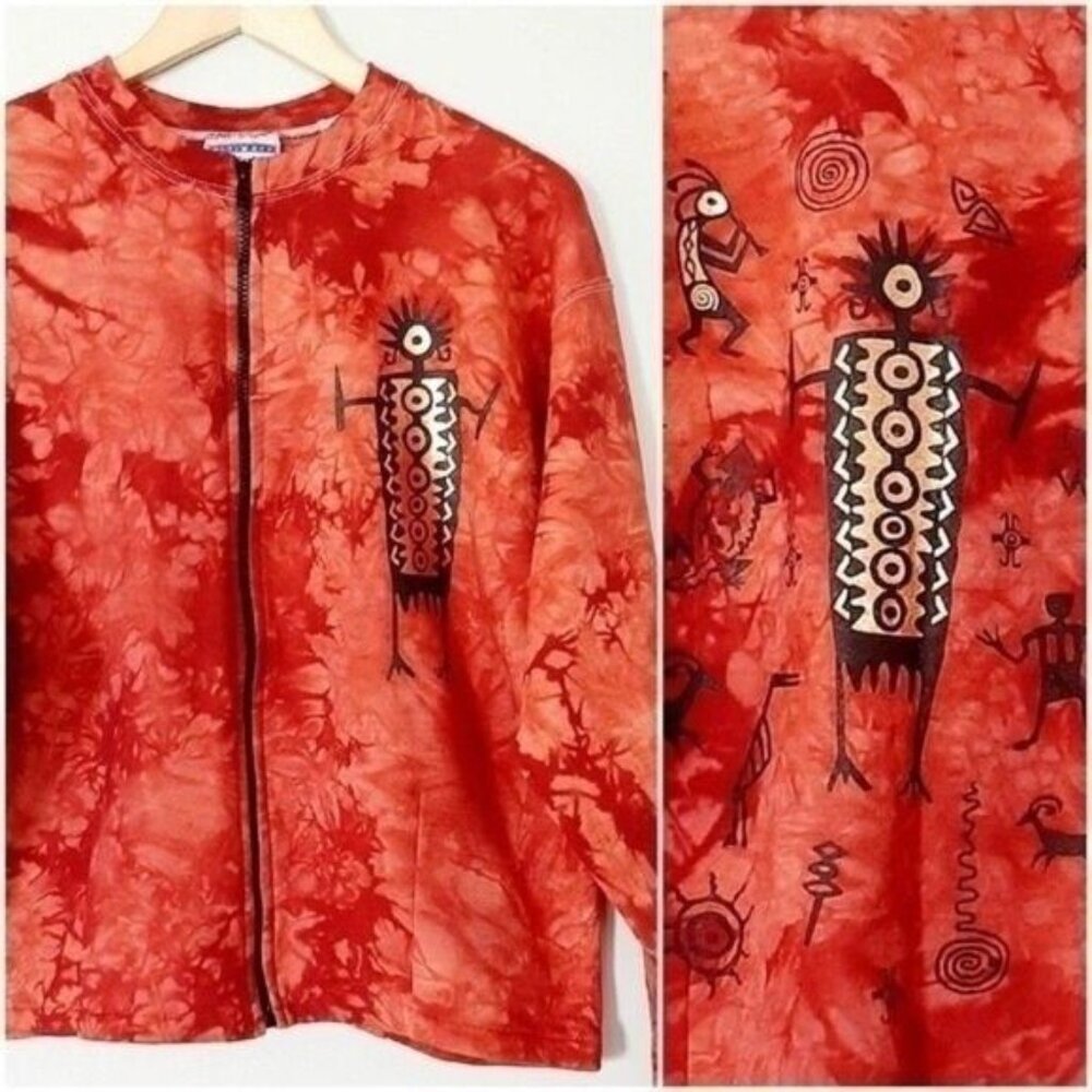 Kokopelli Tie-dye Sweatshirt Full-zip Jacket w/ Tribal print Sz M